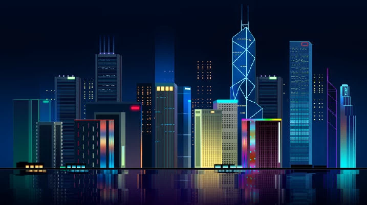 未来科技科幻霓虹灯渐变绚丽城市建筑夜景灯光插画AI/PSD设计素材100套【099】